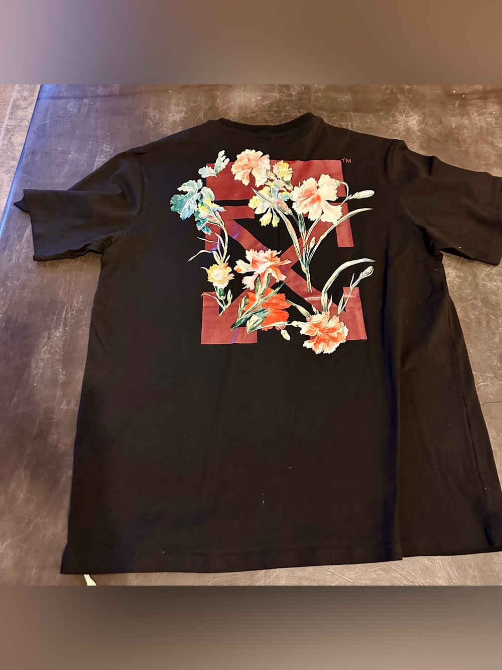 Off-White Black Tee with Red Logo and Multicolor Floral Graphic